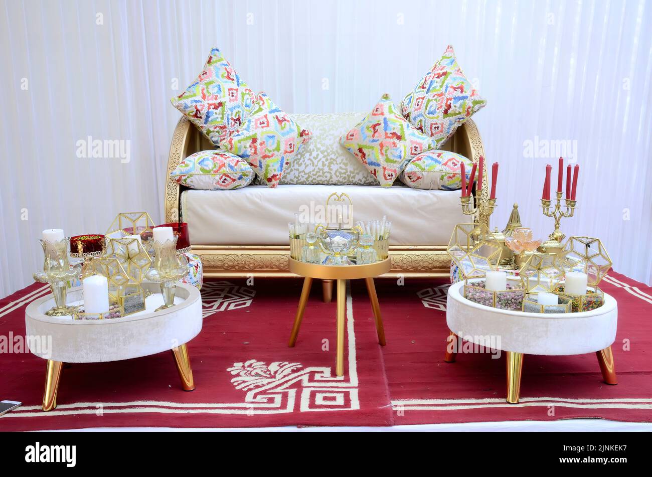 Traditional Moroccan wedding sofa where the bride sits for henna tattoo Stock Photo