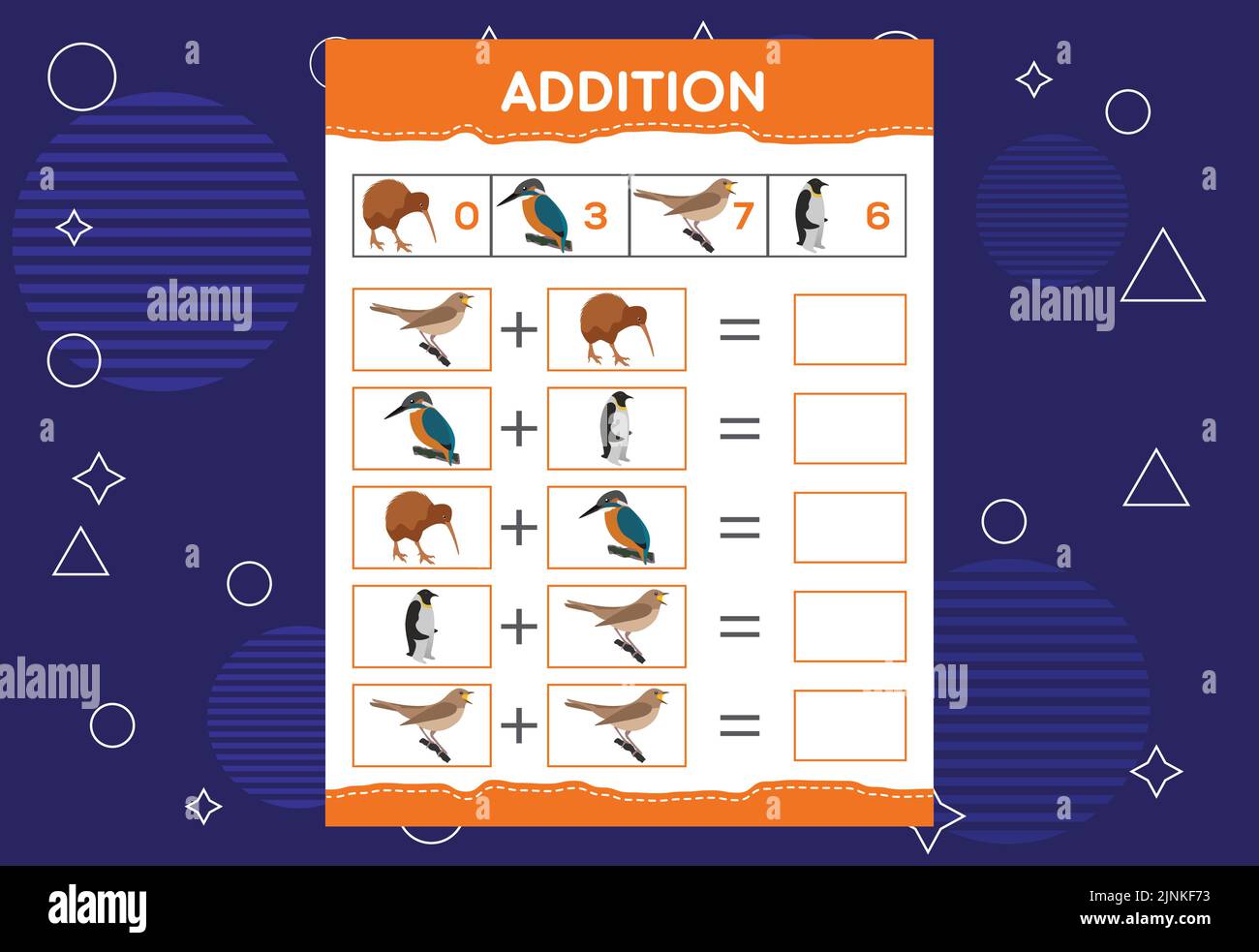Addition with different birds for kids. An educational worksheet for ...