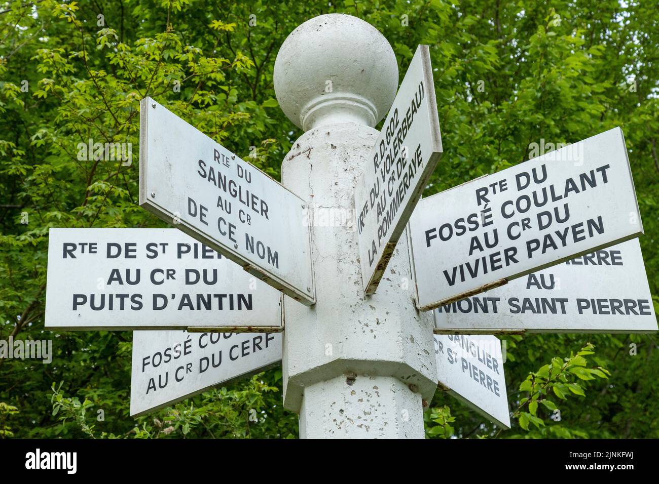 France, Oise, Picardie, Compiegne forest, Vieux Moulin, directional sign in the forest // France, Oise (60), Picardie, forêt de Compiègne, Vieux-Mouli Stock Photo