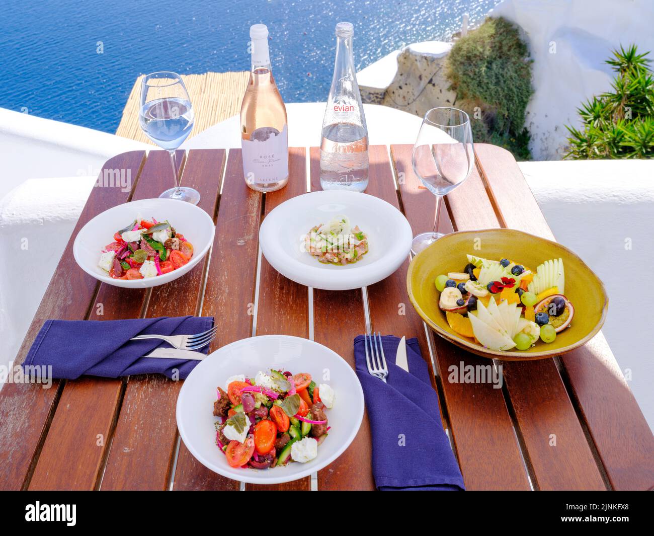 Greek Salat with Feta Cheese and Tomatoes from Santorini, Tuna Tartar