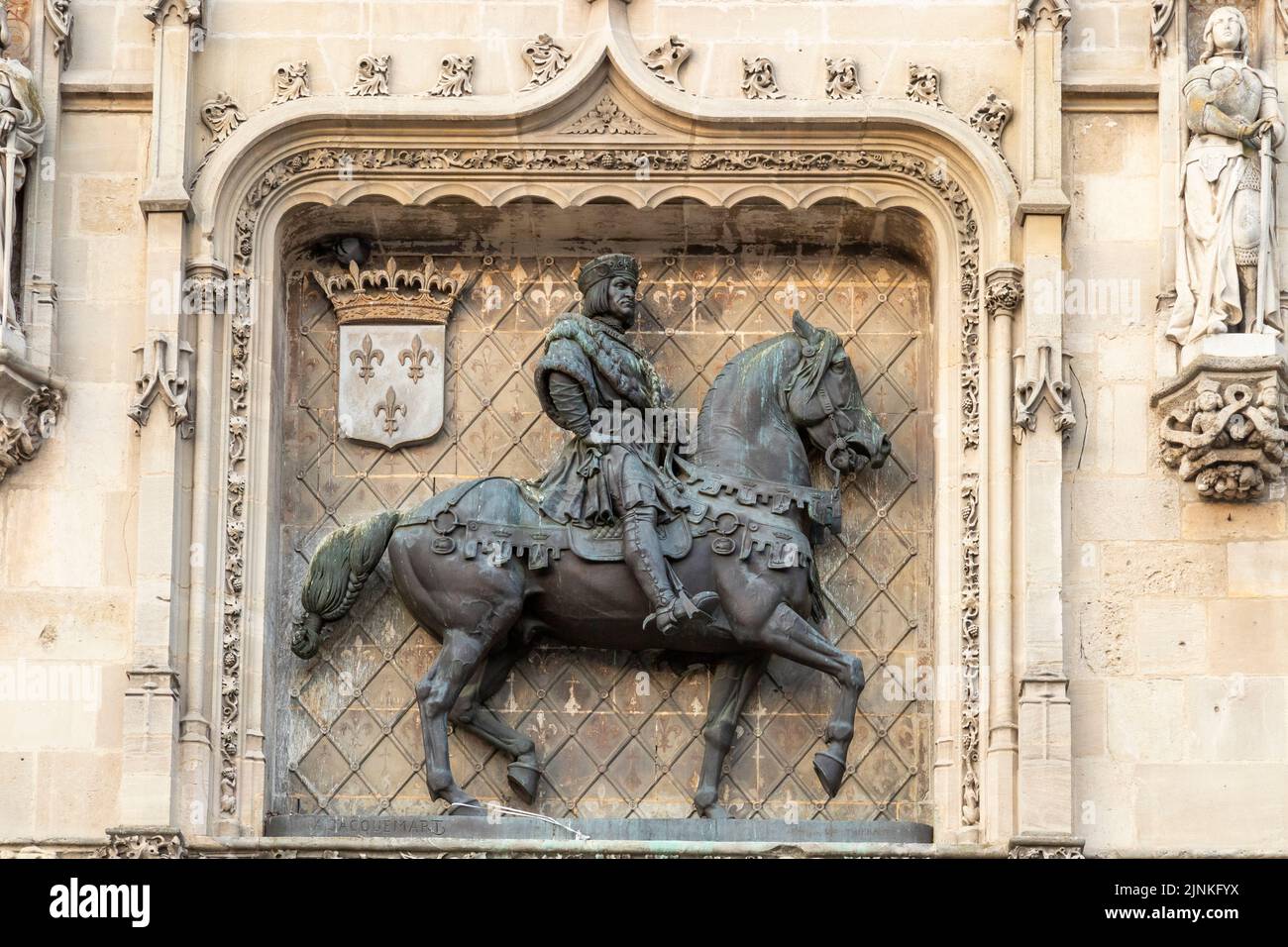France, Oise, Picardie, Compiegne, town hall, facade with an equestrian statue of Louis XII // France, Oise (60), Picardie, Compiègne, l'hôtel de vill Stock Photo