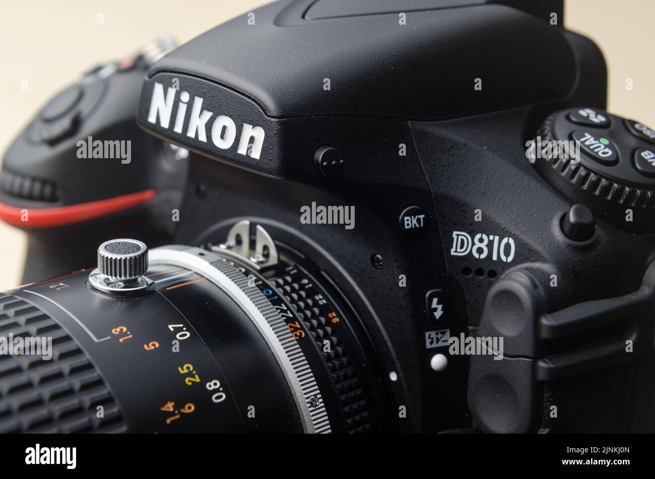 Nikon D810 DSLR professional digital single lens reflex camera with attached Micro Nikkor 105mm