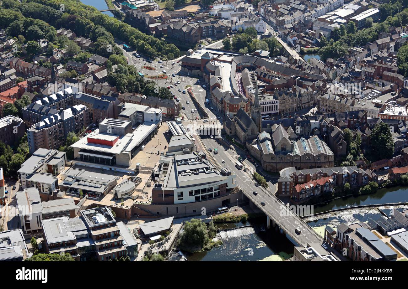 Aerial view of Durham city centre. HM Passport Office, Premier Inn,  Walkergate Shopping Centre & Town Hall prominent here on east side of River Wear. Stock Photo
