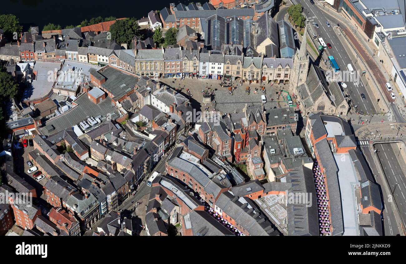 aerial view of The Market Place and St Nicholas’ Church (St Nic's) in Durham city centre, County Durham Stock Photo