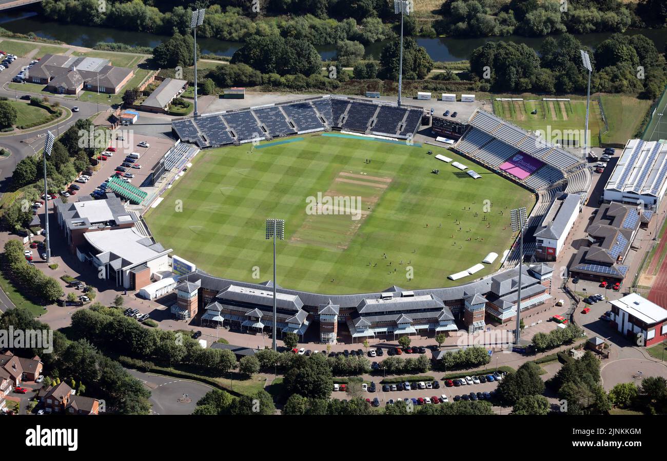 aerial view of Durham County Cricket Club's Seat Unique Riverside Cricket ground, Chester-le-Street, County Durham Stock Photo