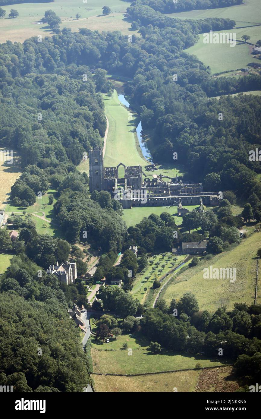 Aerial view taken from over 1500' of Fountains Abbey, near Ripon, one of the largest and best preserved ruined Cistercian monasteries in England. Stock Photo