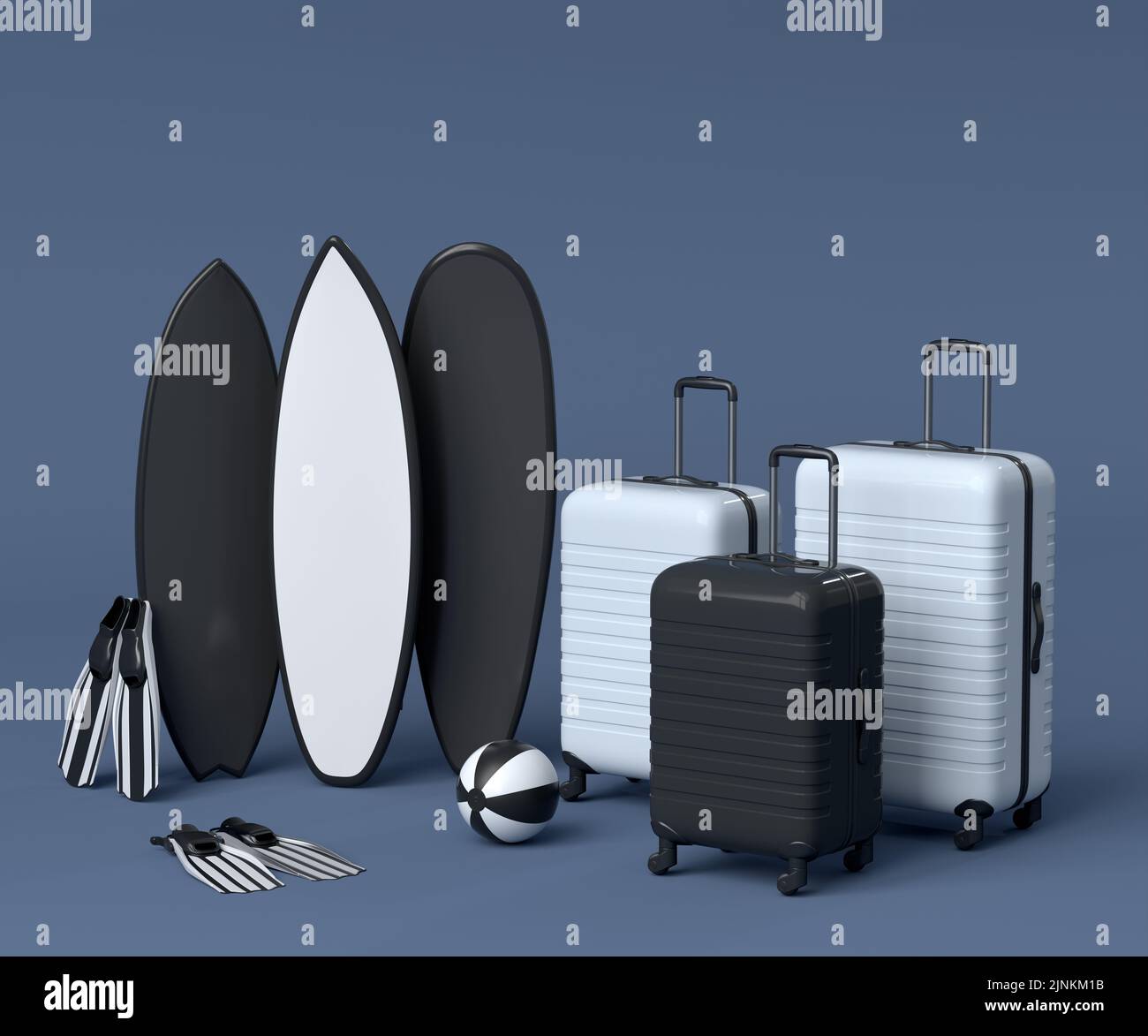 Suitcase with beach ball and surf board on black and white background