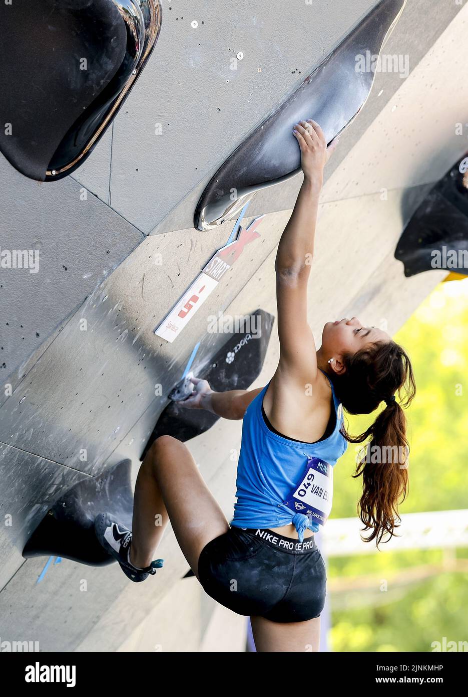 Munich, Germany. 12th Aug, 2022. MUNCHEN - Sabina van Essen in action  during the boulder (m) section of climbing on the second day of the  Multi-European Championship. The German city of Munich