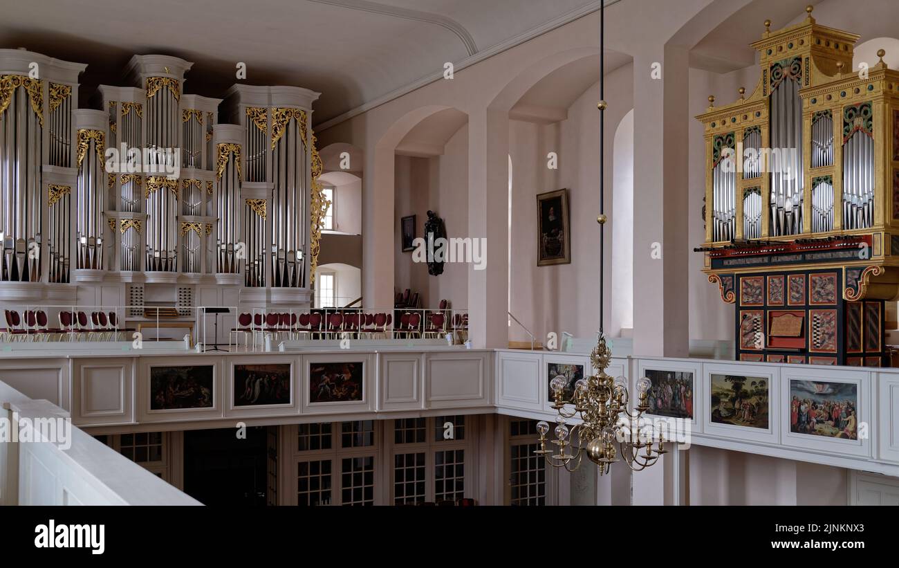 The interior of the Court Church (Neustädter Hof- und Stadtkirche St. Johannis) with the Thomas-organ (left) and the Spanish-organ (right) in Hanover Stock Photo