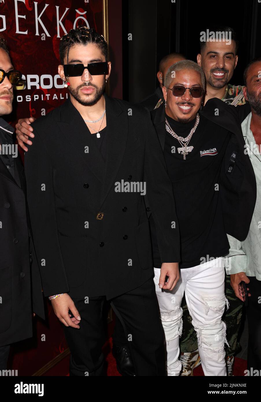 MIAMI, FL - AUGUST 11: Bad Bunny and Purple attend the Gekko Miami