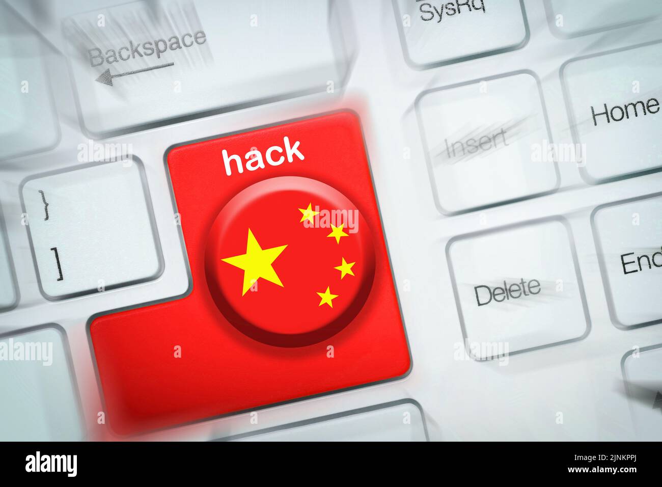 China hacking concept of a computer keyboard and a key painted with the flag of China and the text 'hack' Stock Photo