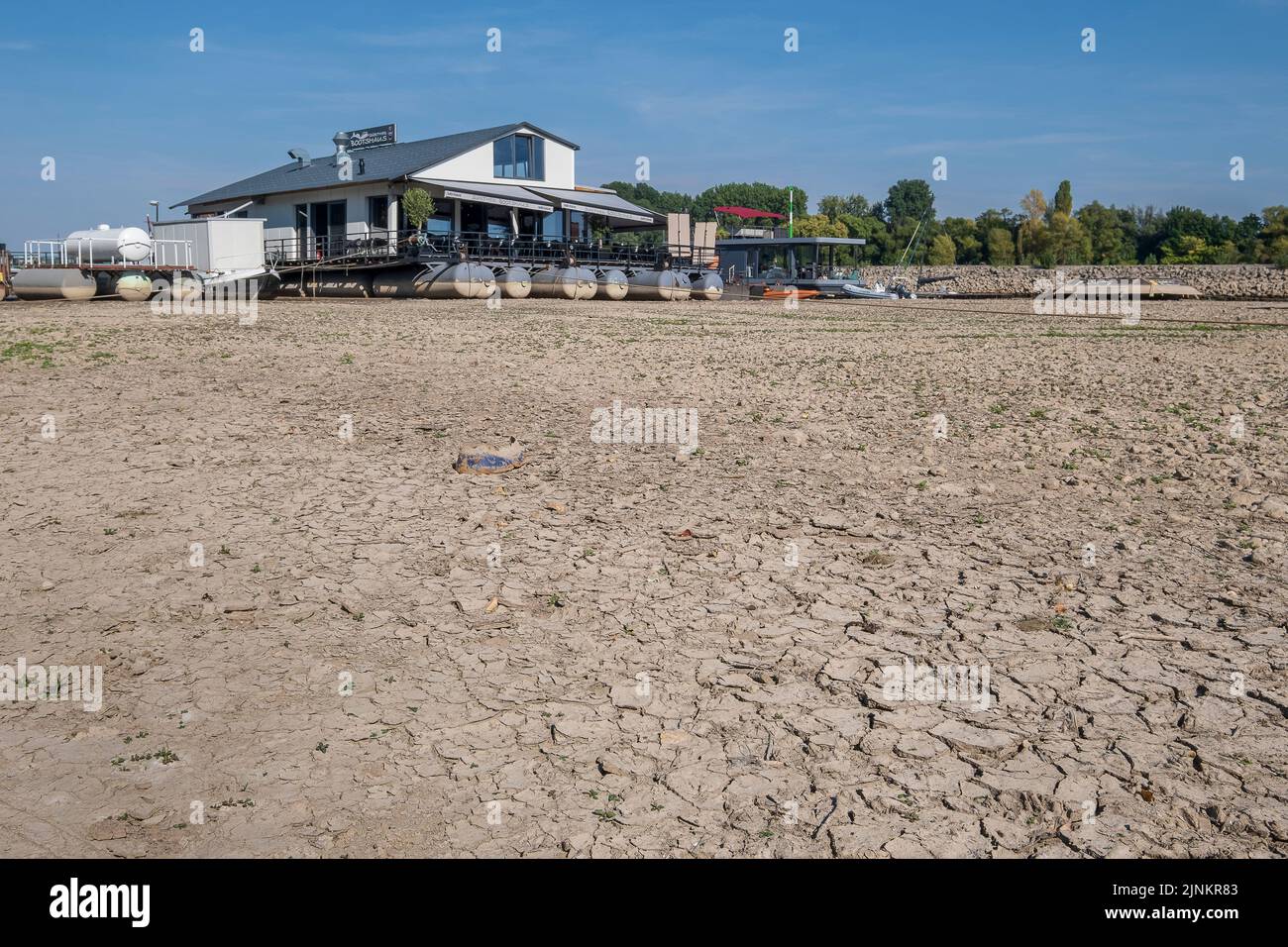 Niedrigwasser am Rhein, im Bild Kšln-SŸrth.  Das eigentlich auf dem Rhein schwimmende SŸrther Bootshaus kann von den GŠsten normalerweise nur Ÿber ein Stock Photo