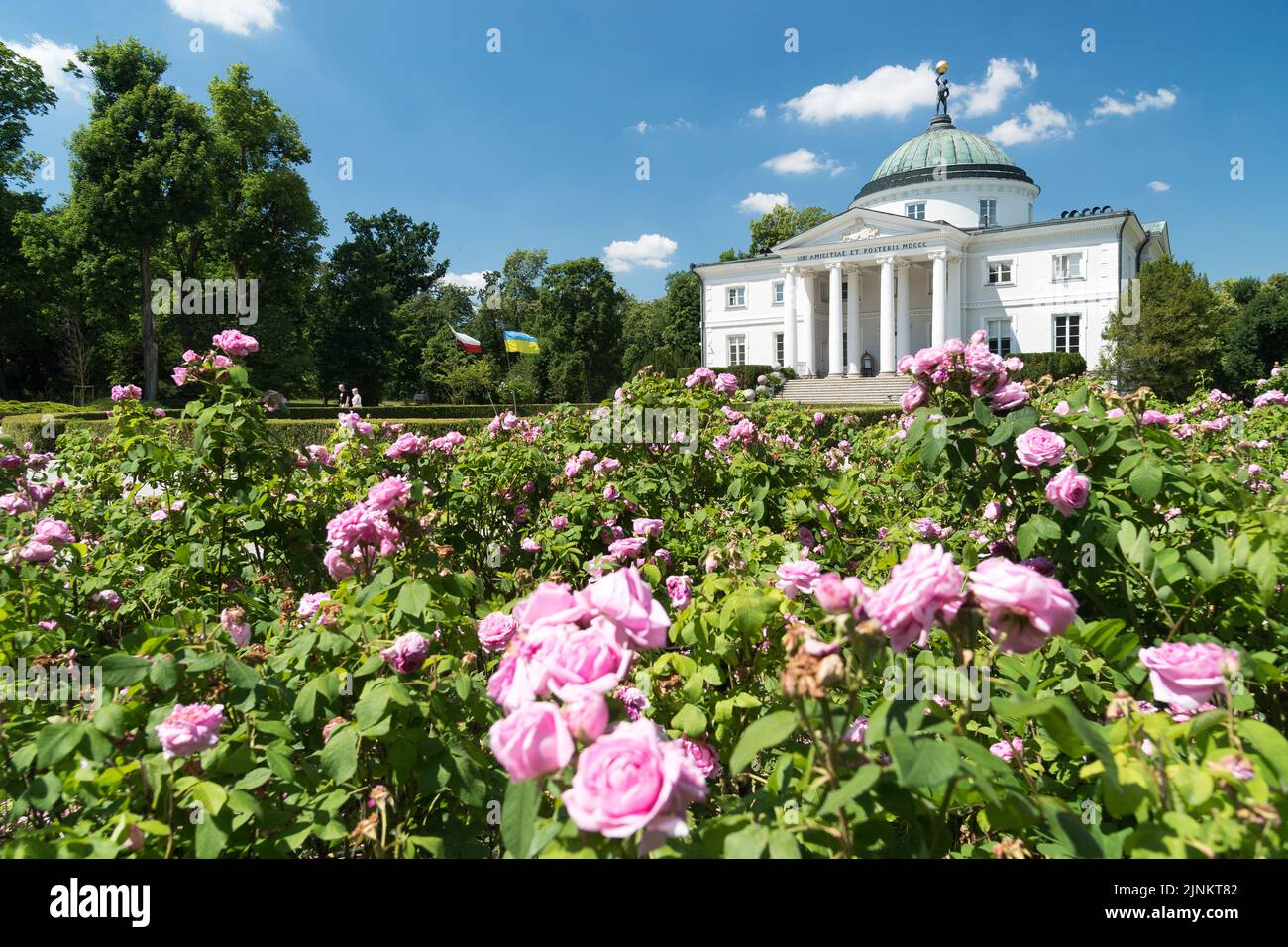 Neoclassical palace by Stanislaw Zawadzki inspired by Villa Capra La Rotonda in Vicenza, Italy, in English landscape palace park in Lubostron, Poland Stock Photo