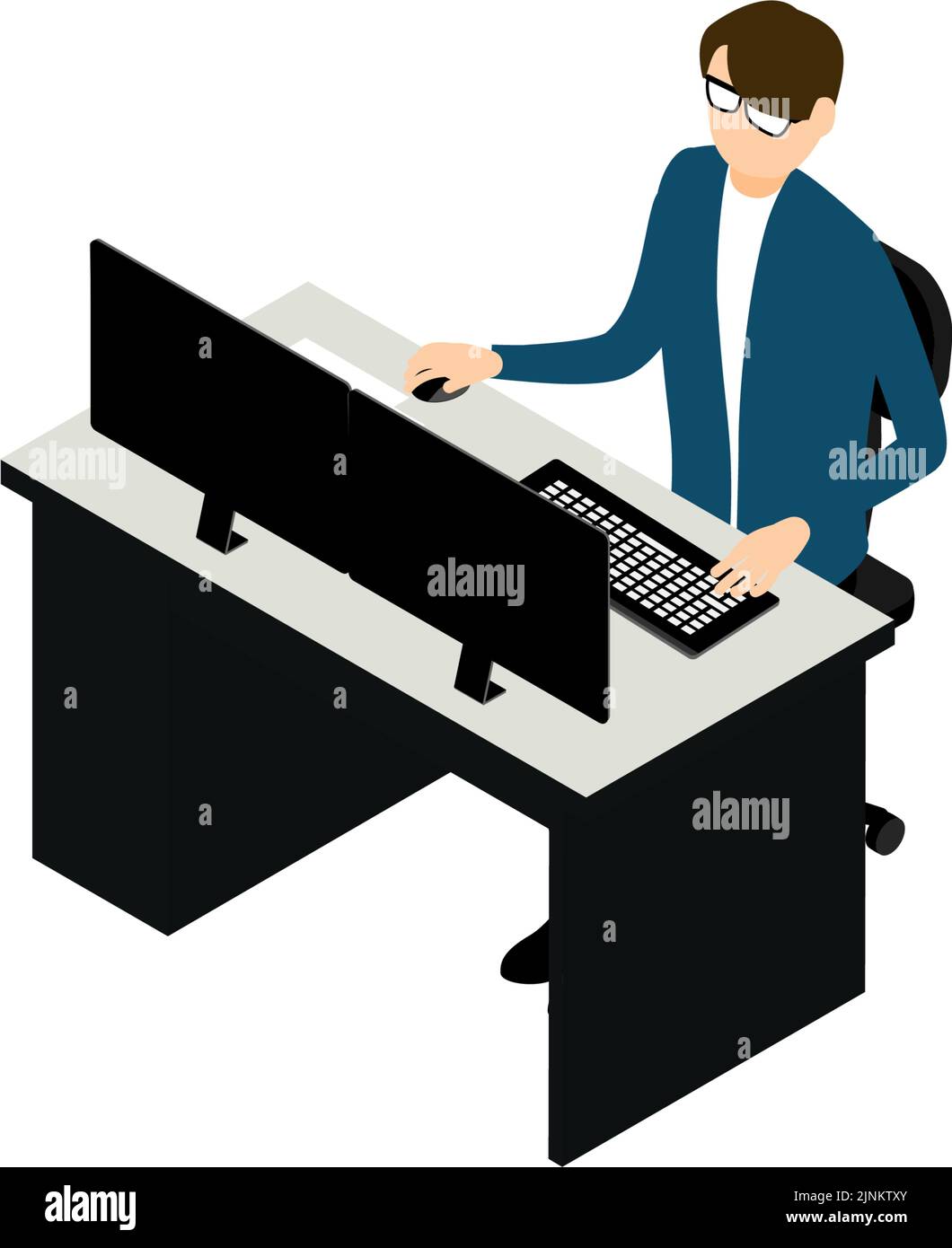 Person who works on a personal computer with dual monitors isometric