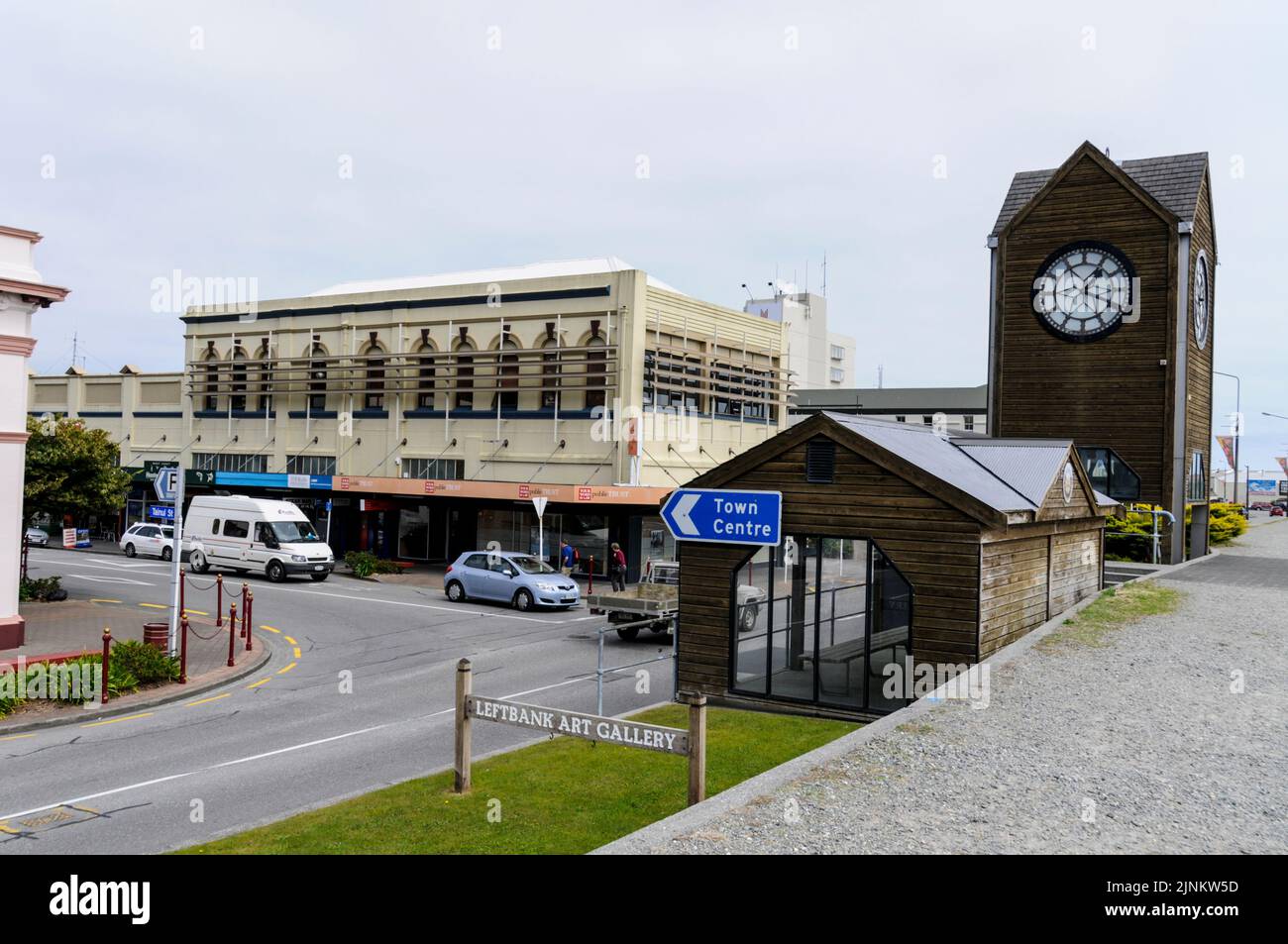 The Greymouth town clock at the junction of  Tainui street and Mawhera Quay in Greymouth on the west coast of South Island in New Zealand Stock Photo