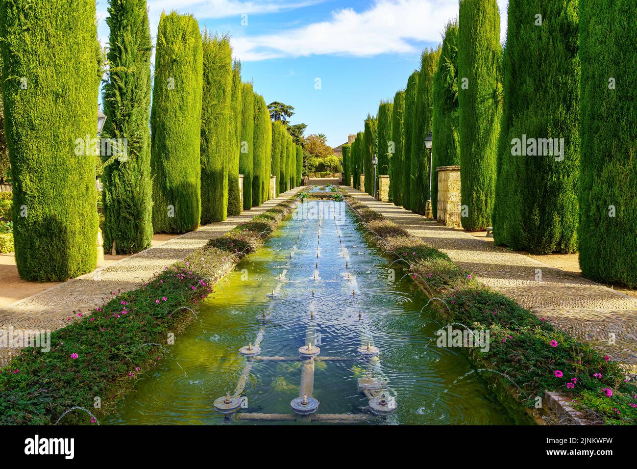 Fresh water fountains next to cypress trees cut in line in the Alcazar de Cordoba gardens. Spain. Stock Photo
