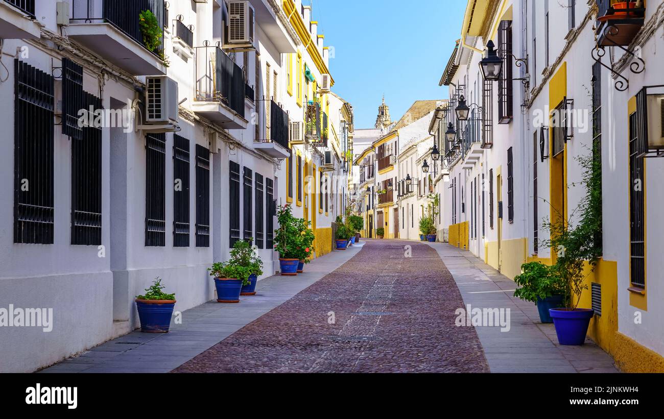 Narrow alley with typical Andalusian white houses, Córdoba Spain Stock
