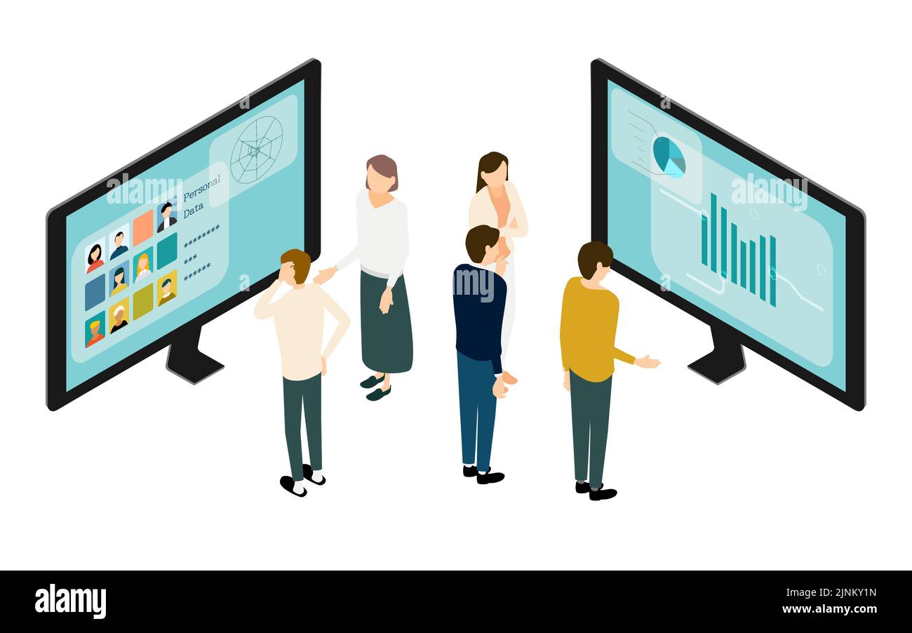 Isometric, image illustrations of people in online meetings Stock Vector