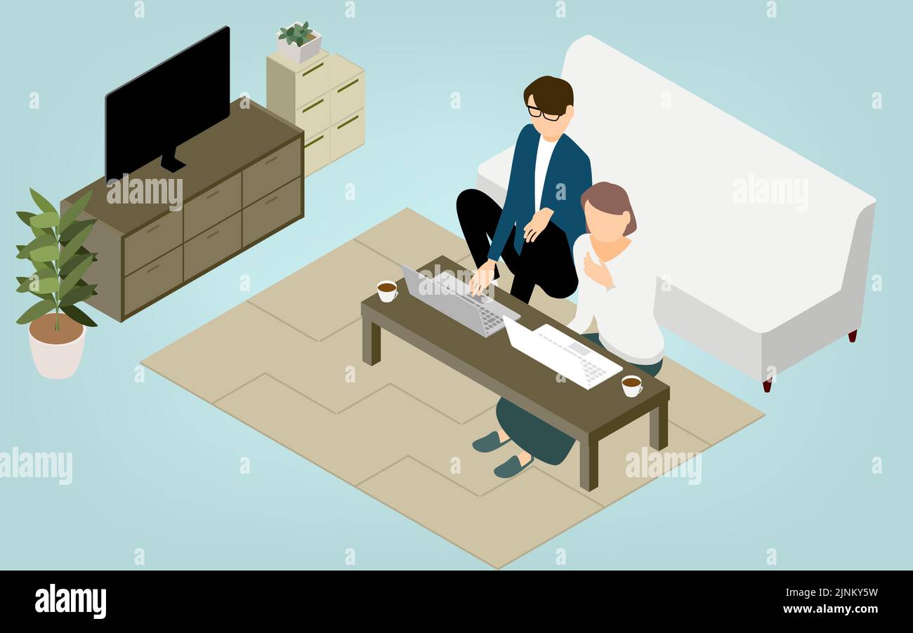 Isometric, people teleworking at the low table in the living room Stock Vector