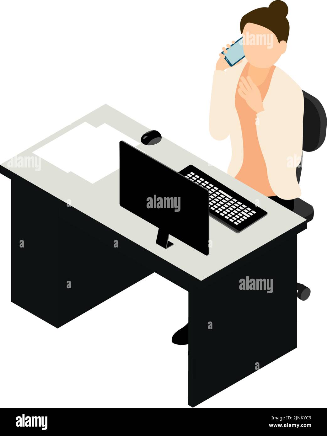 Isometric, a woman calling in front of a computer desk Stock Vector