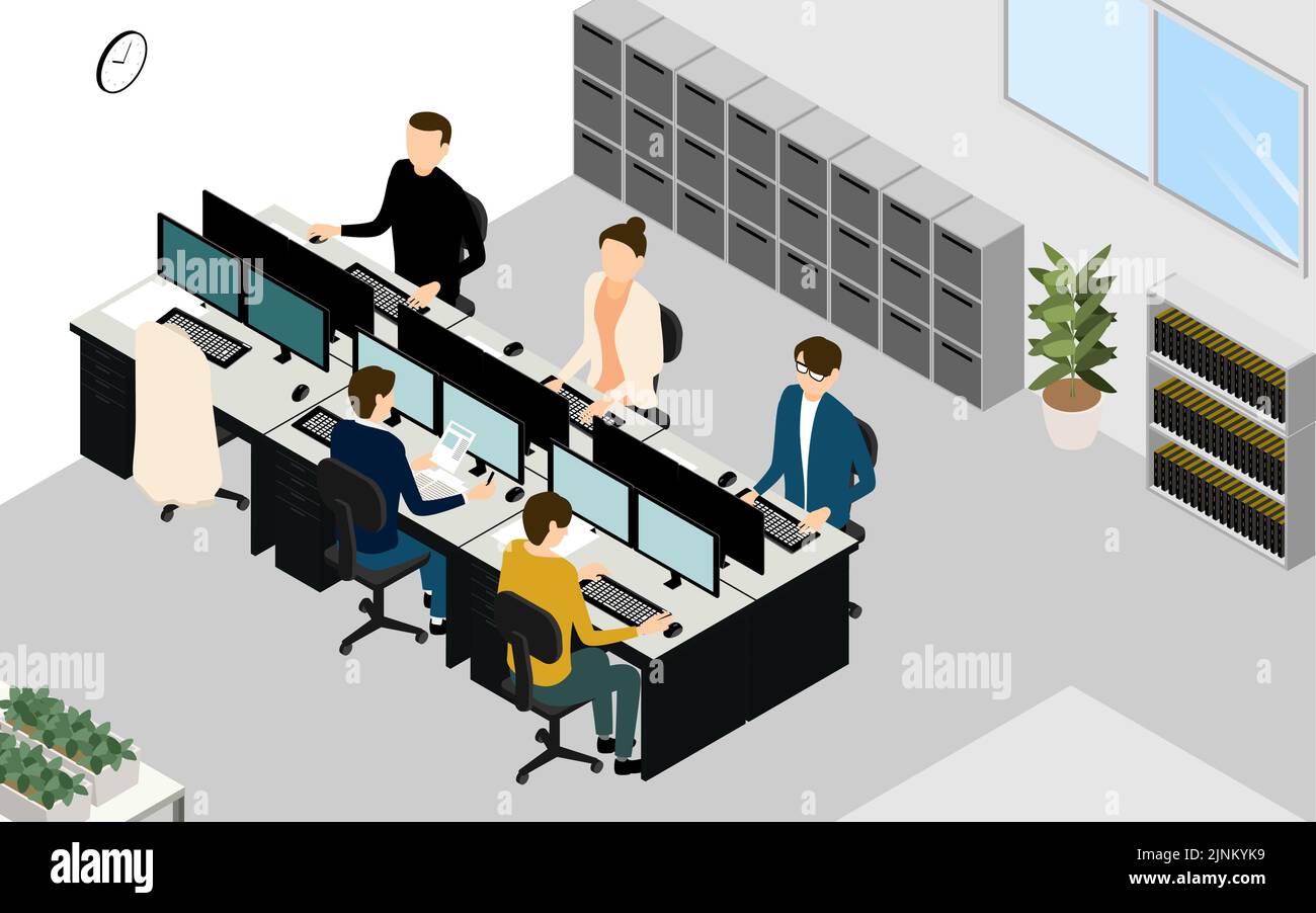 Scenery of working while ventilating in the office, isometric Stock Vector