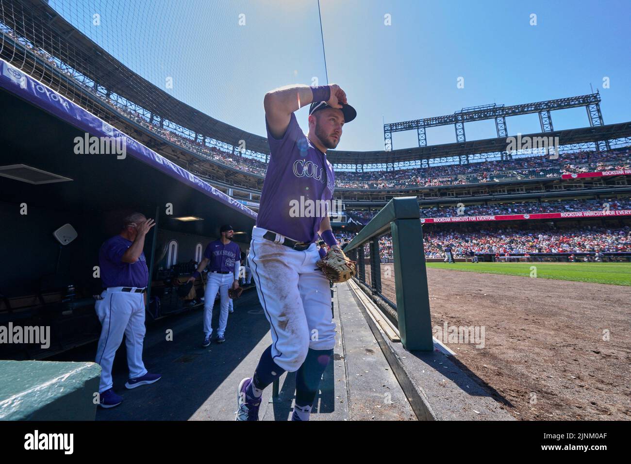 August 11 2022: Colorado center fielder Garrett Hampson (1) coming on tho the field during the game with Saint Louis Cardinals and Colorado Rockies held at Coors Field in Denver Co. David Seelig/Cal Sport Medi Credit: Cal Sport Media/Alamy Live News Stock Photo