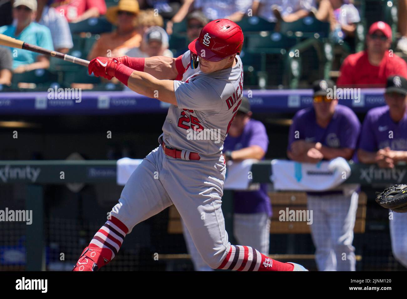 August 11 2022: Saint Louis left fielder Corey Dickerson (25) gets a hit during the game with Saint Louis Cardinals and Colorado Rockies held at Coors Field in Denver Co. David Seelig/Cal Sport Medi Credit: Cal Sport Media/Alamy Live News Stock Photo