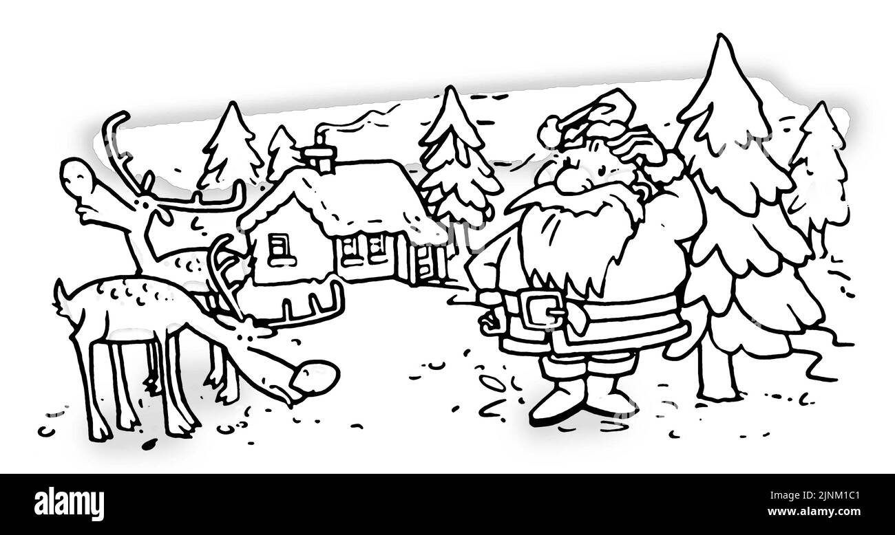 Black, white & grayscale line drawing, Christmas card with Santa & reindeers designed to be coloured in, activity work sheet, print at home Xmas cards Stock Photo