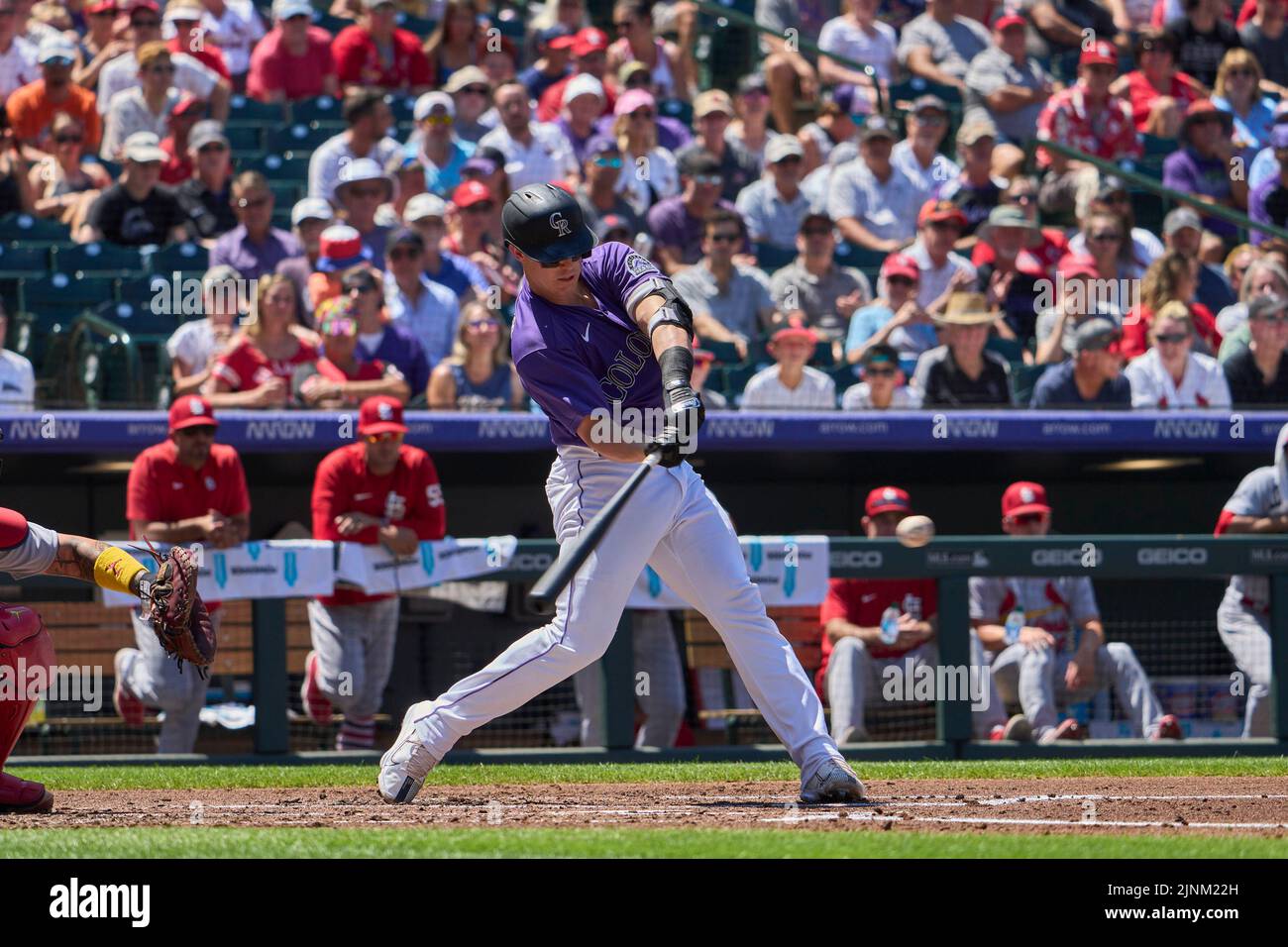 August 11 2022: Colorado catcher Brian Serven (6) gets a hit during the game with Saint Louis Cardinals and Colorado Rockies held at Coors Field in Denver Co. David Seelig/Cal Sport Medi Credit: Cal Sport Media/Alamy Live News Stock Photo