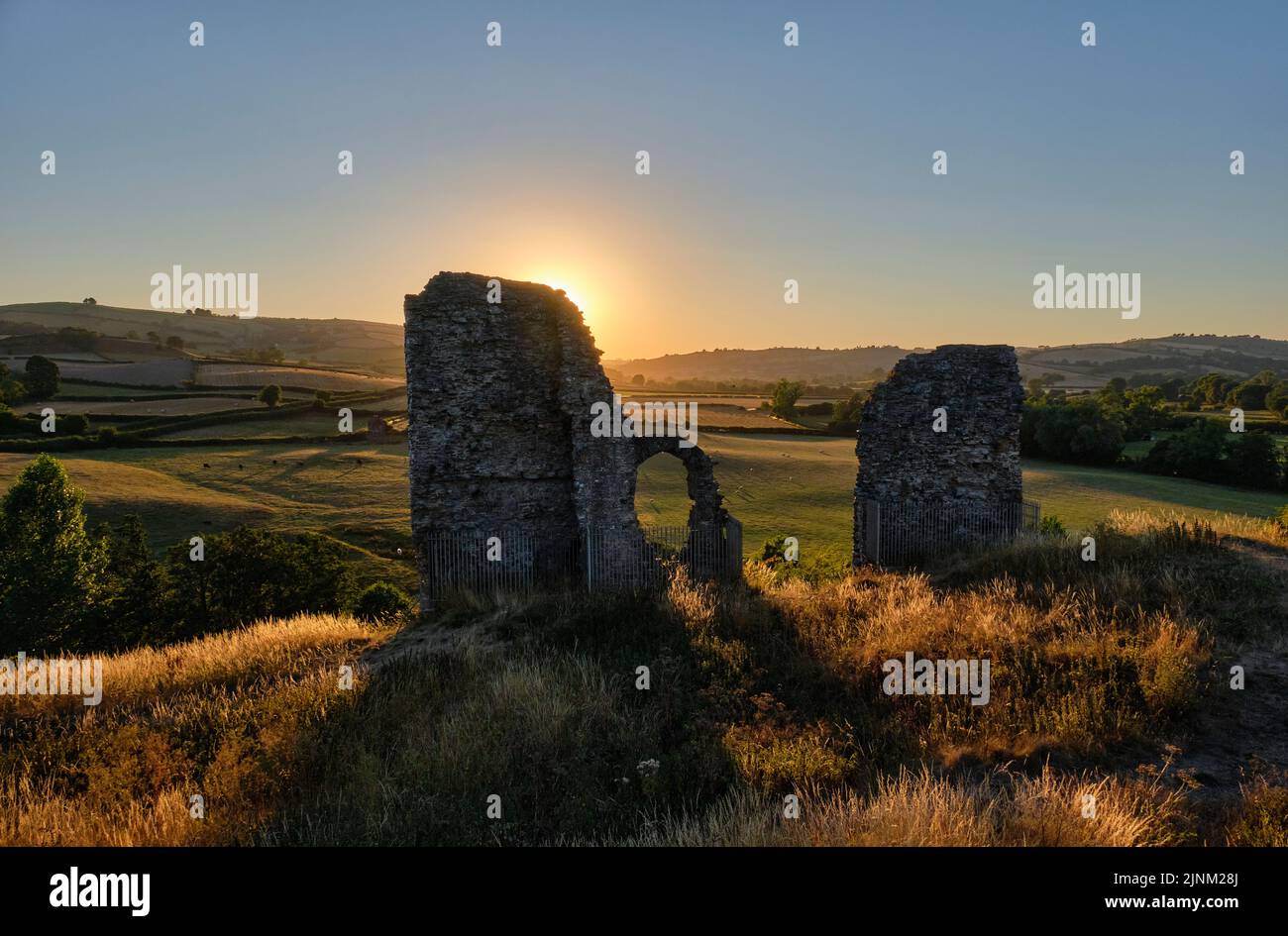 Sunset in the Clun Valley, from Clun Castle, Clun, near Craven Arms, Shropshire Stock Photo