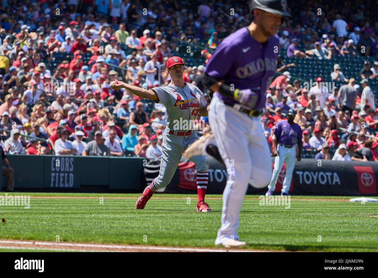 August 11 2022: Saint Louis pitcher Dakota Hudson (43) makes a play during the game with Saint Louis Cardinals and Colorado Rockies held at Coors Field in Denver Co. David Seelig/Cal Sport Medi Credit: Cal Sport Media/Alamy Live News Stock Photo
