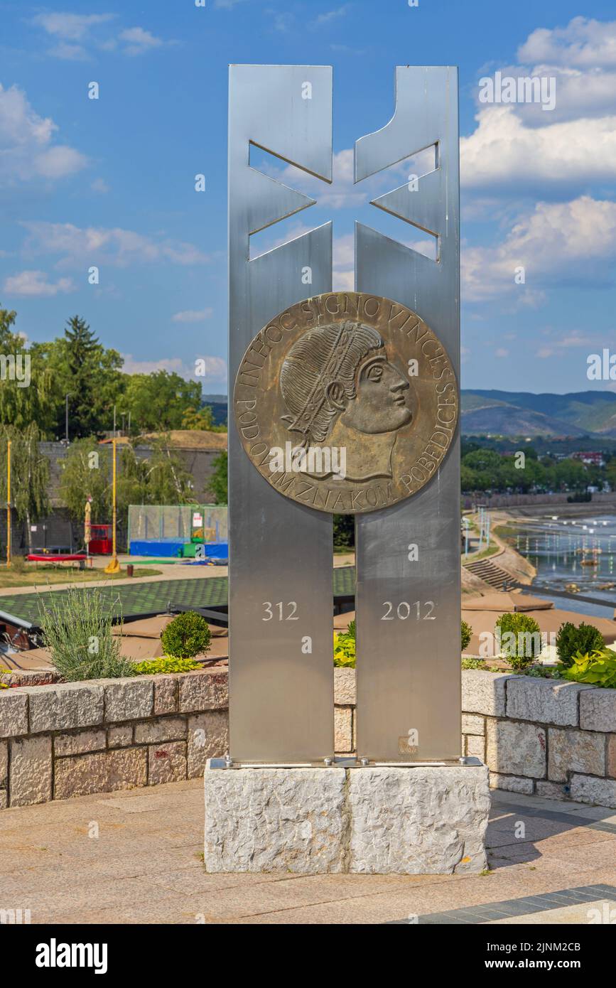 Nis, Serbia - August 04, 2022: Monument to Constantine the Great at River Nisava in City Centre. Stock Photo
