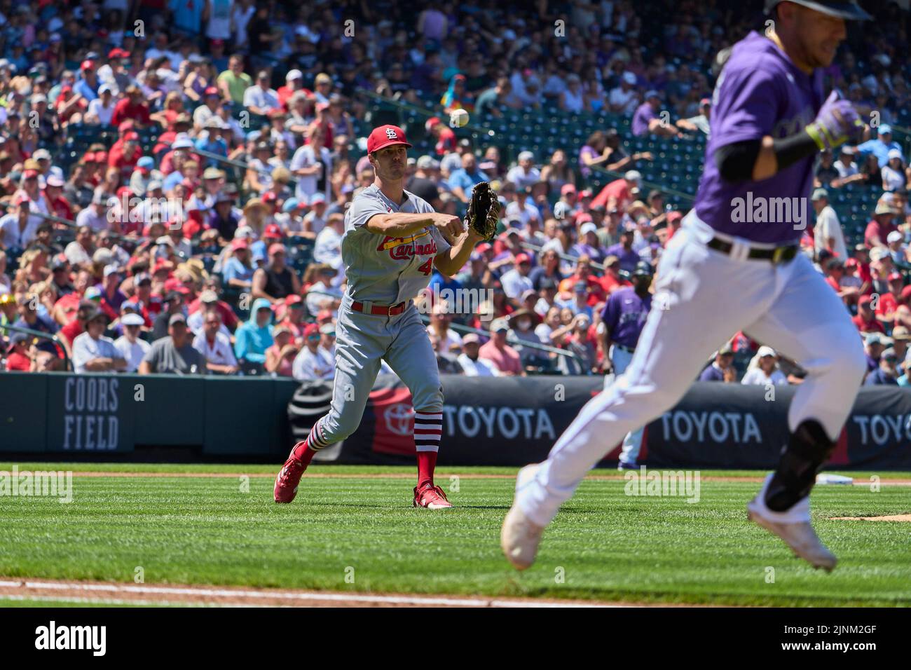 August 11 2022: Saint Louis pitcher Dakota Hudson (43) makes a play during the game with Saint Louis Cardinals and Colorado Rockies held at Coors Field in Denver Co. David Seelig/Cal Sport Medi Credit: Cal Sport Media/Alamy Live News Stock Photo