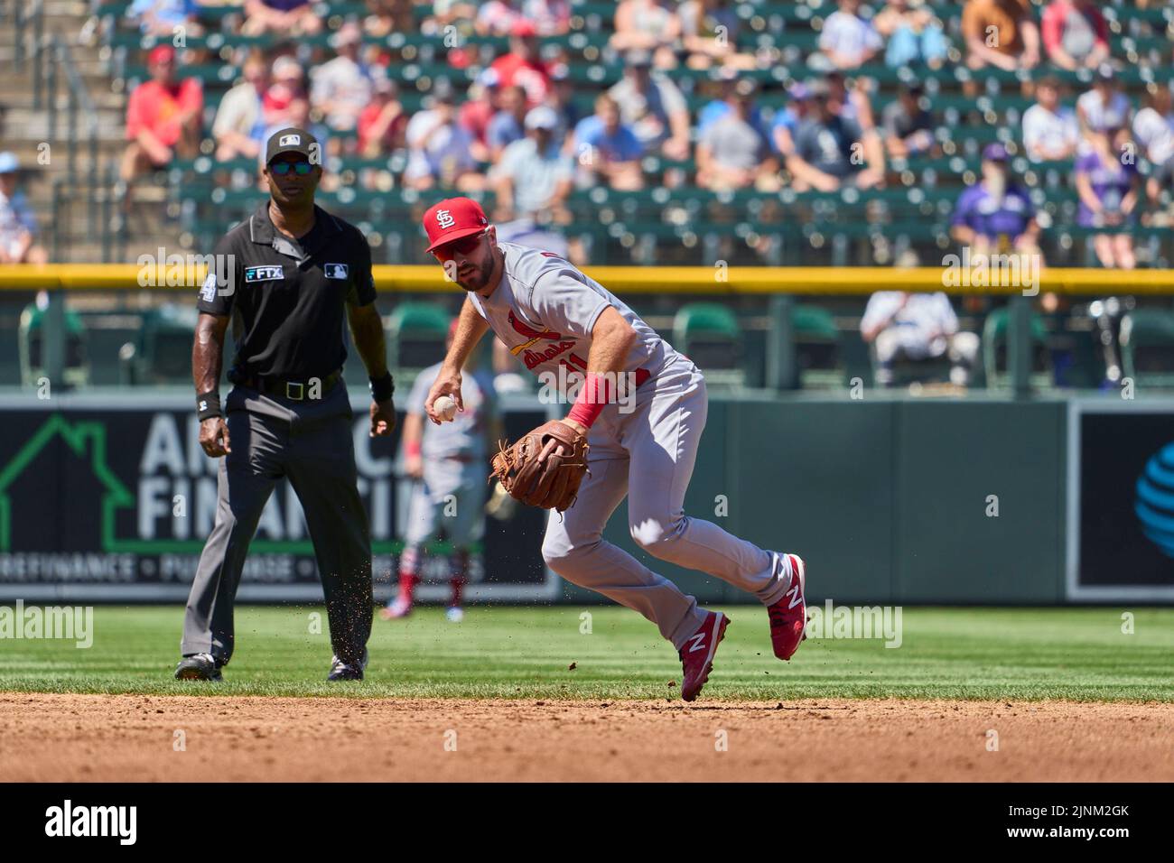 August 11 2022: Saint Louis shortstop Paul DeJong (11) makes a play during the game with Saint Louis Cardinals and Colorado Rockies held at Coors Field in Denver Co. David Seelig/Cal Sport Medi Credit: Cal Sport Media/Alamy Live News Stock Photo