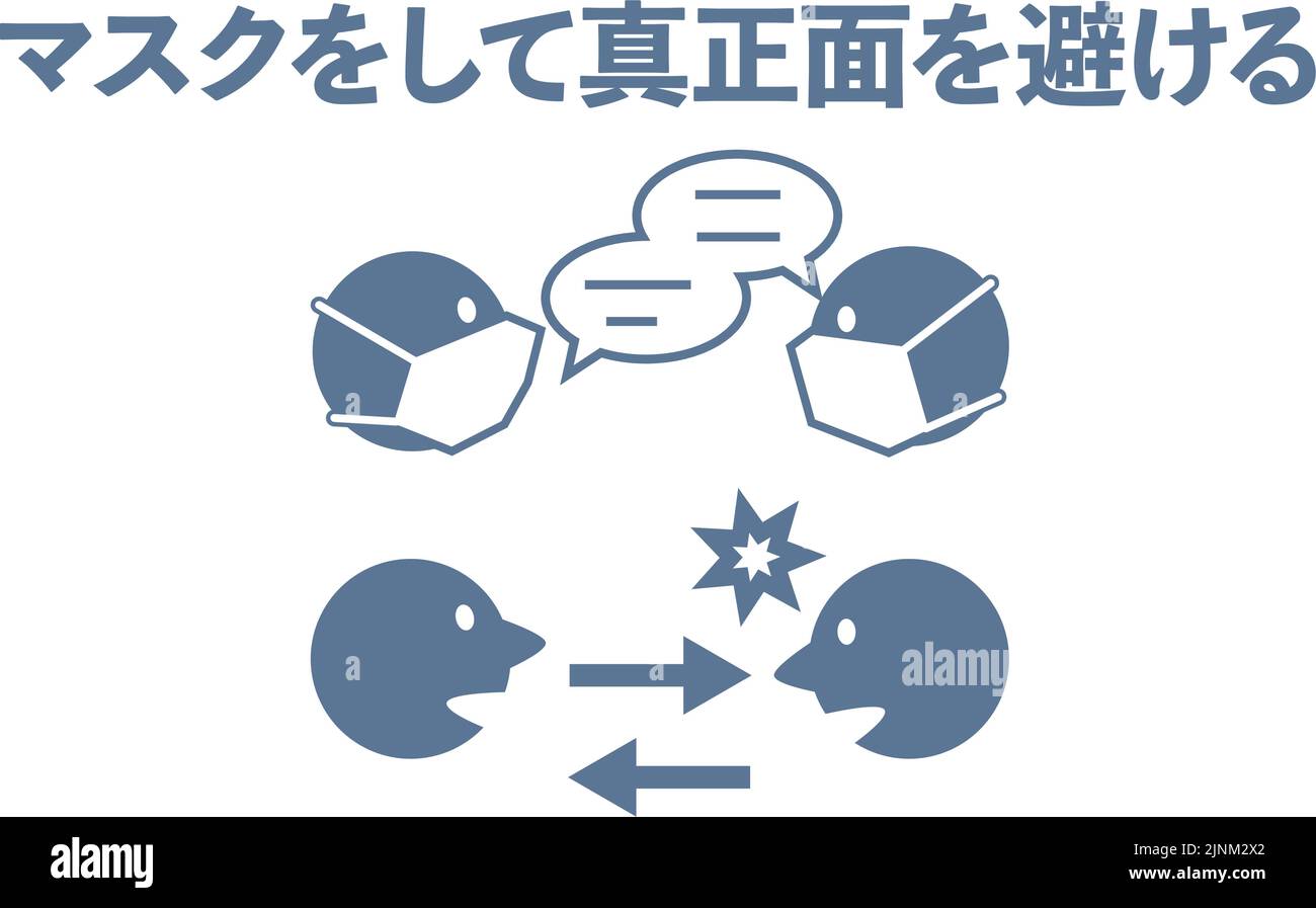 Precautions when talking to prevent infection  -Translation: Mask and avoid the front Stock Vector