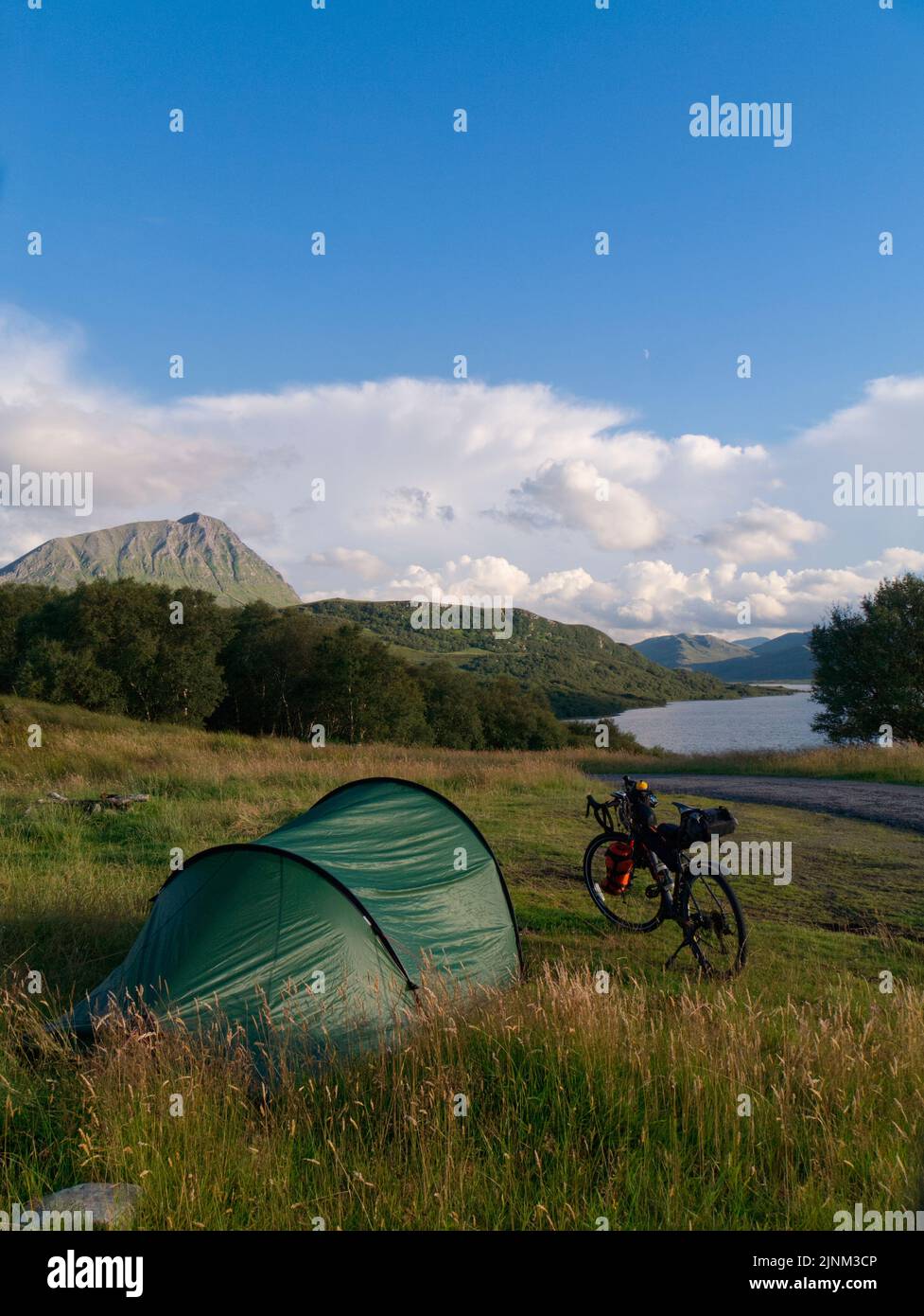 Wild camping near Loch Hope with Ben Hope in the distance, Highland Scotland Stock Photo