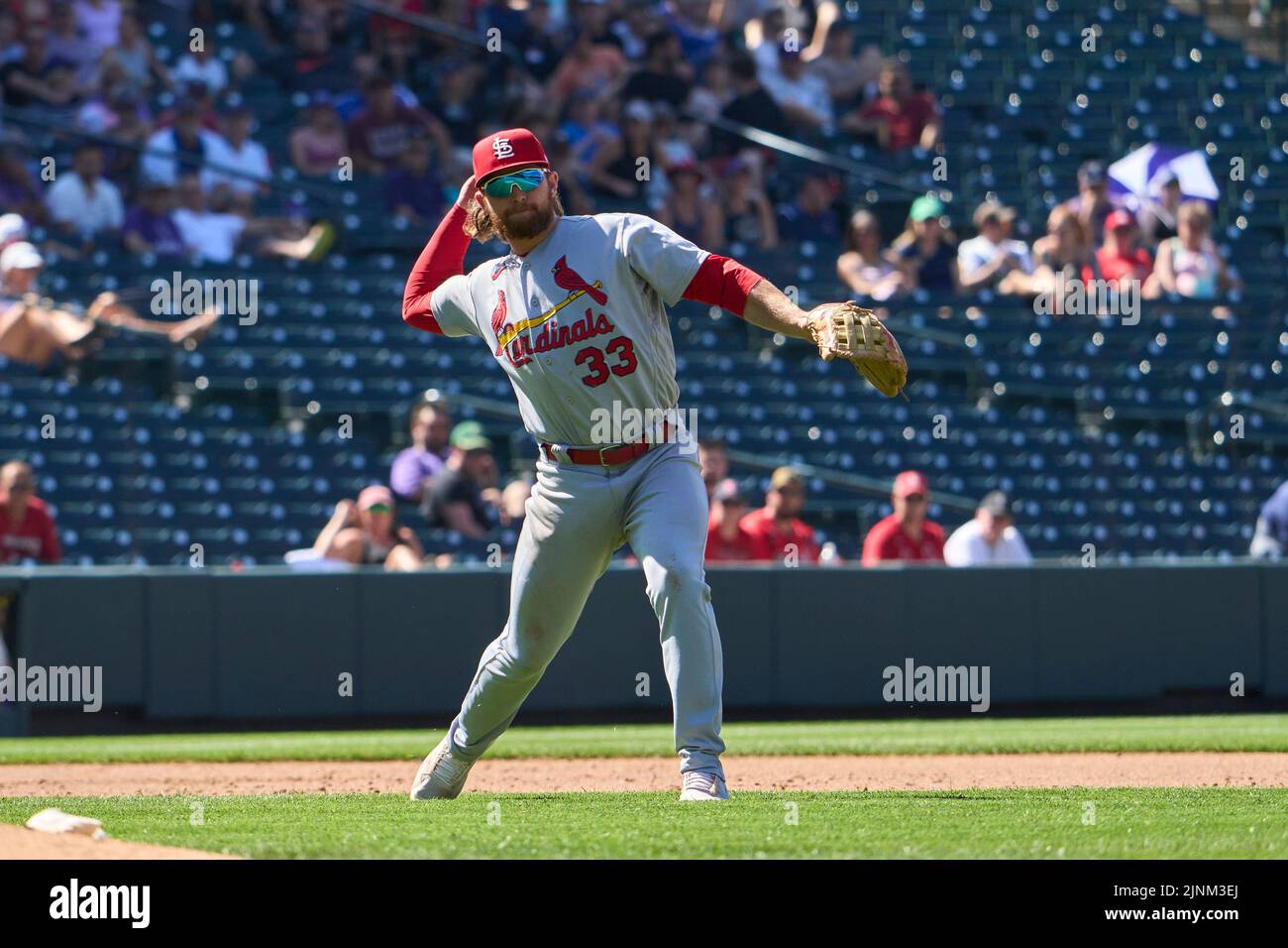 August 11 2022: Saint Louis third baseman Brendan Donovan (33) makes a play during the game with Saint Louis Cardinals and Colorado Rockies held at Coors Field in Denver Co. David Seelig/Cal Sport Medi Credit: Cal Sport Media/Alamy Live News Stock Photo