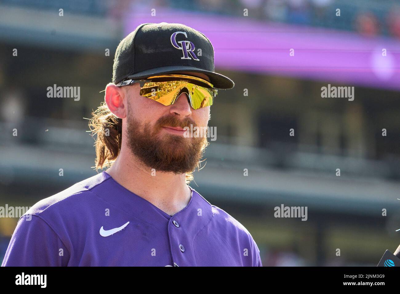 August 11 2022: Colorado second baseman Brendan Rodgers (7) being interviewed after the game with Saint Louis Cardinals and Colorado Rockies held at Coors Field in Denver Co. David Seelig/Cal Sport Medi Credit: Cal Sport Media/Alamy Live News Stock Photo