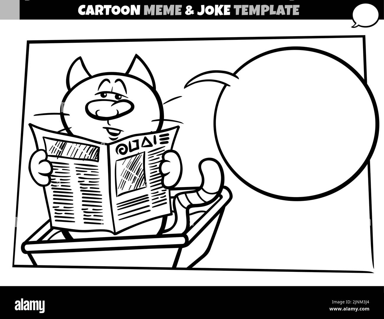 black and white cartoon illustration of meme template with empty comic speech balloon and cat reading newspaper in a litter box Stock Vector