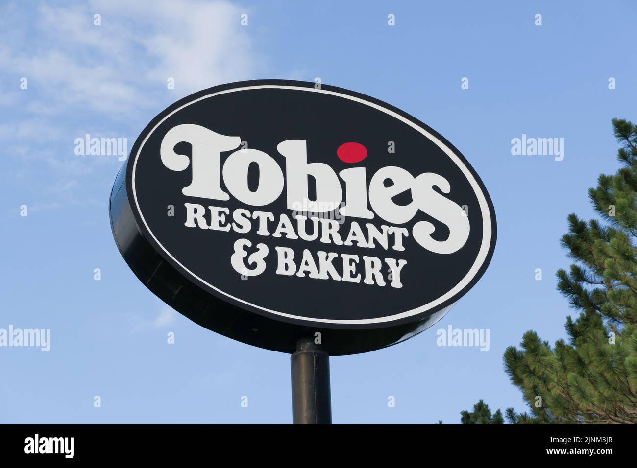 HINKLEY, MN, USA JULY 9, 2022 Tobies Resturaunt and Bakery sign and