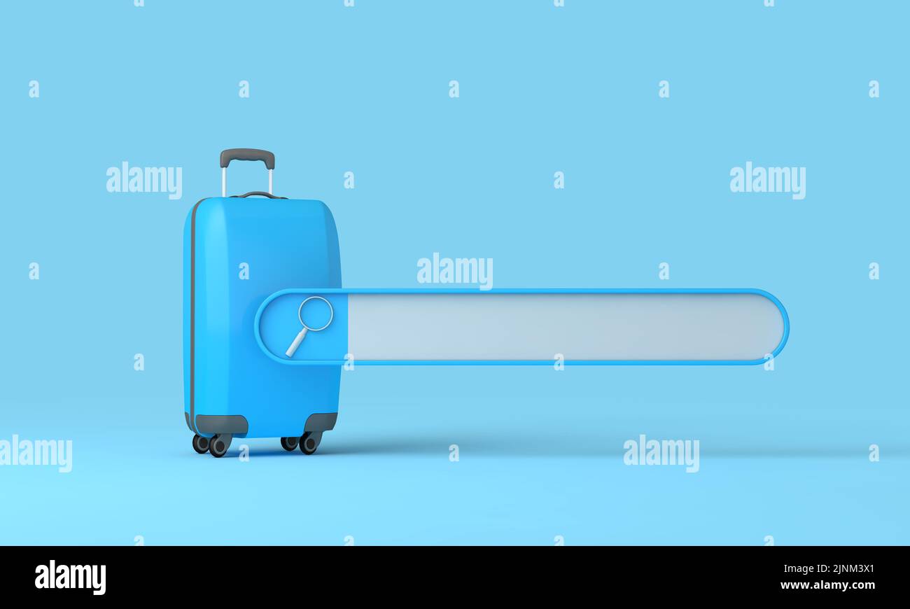 Online summer vacation search. Blank search bar with a travel suitcase. 3D Rendering Stock Photo