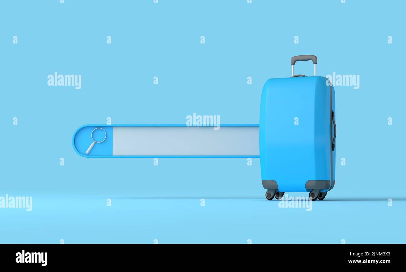 Online summer vacation search. Blank search bar with a travel suitcase. 3D Rendering Stock Photo
