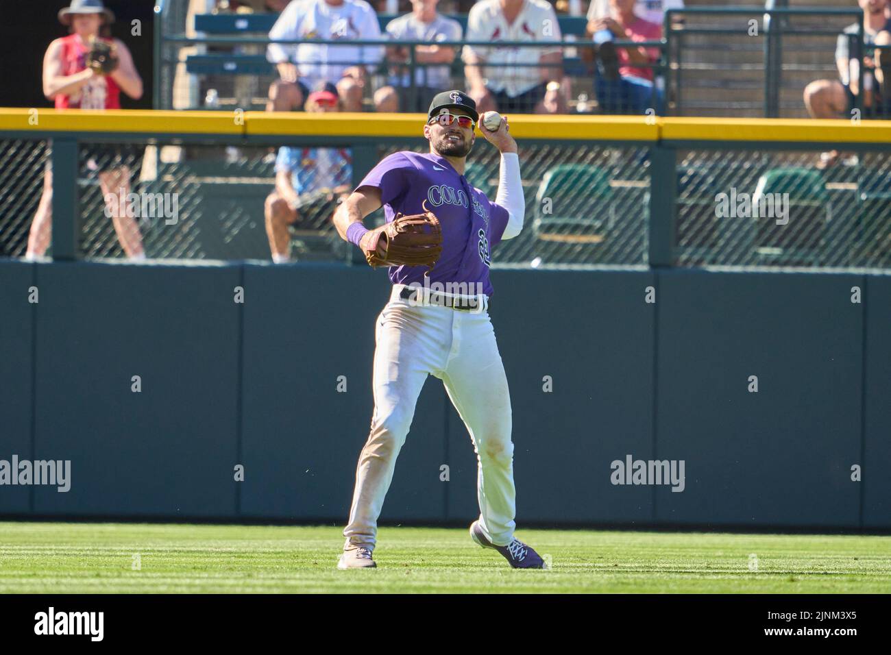 August 11 2022: Colorado left fielder Sam Hilliard (22) makes a play during the game with Saint Louis Cardinals and Colorado Rockies held at Coors Field in Denver Co. David Seelig/Cal Sport Medi Credit: Cal Sport Media/Alamy Live News Stock Photo