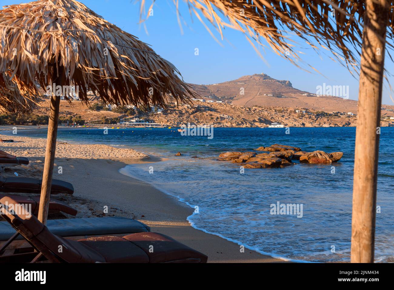 Greece summertime: Kalafati Beach is a beautiful Mykonos beach in the Cyclades islands. Stock Photo