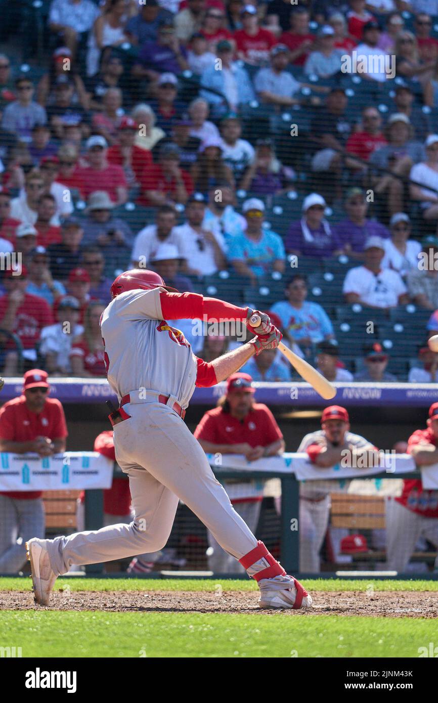 August 11 2022: Saint Louis third baseman Brendan Donovan (33) gets a hit during the game with Saint Louis Cardinals and Colorado Rockies held at Coors Field in Denver Co. David Seelig/Cal Sport Medi Credit: Cal Sport Media/Alamy Live News Stock Photo