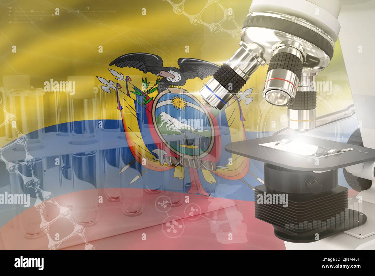 Ecuador science development digital background - microscope on flag ...