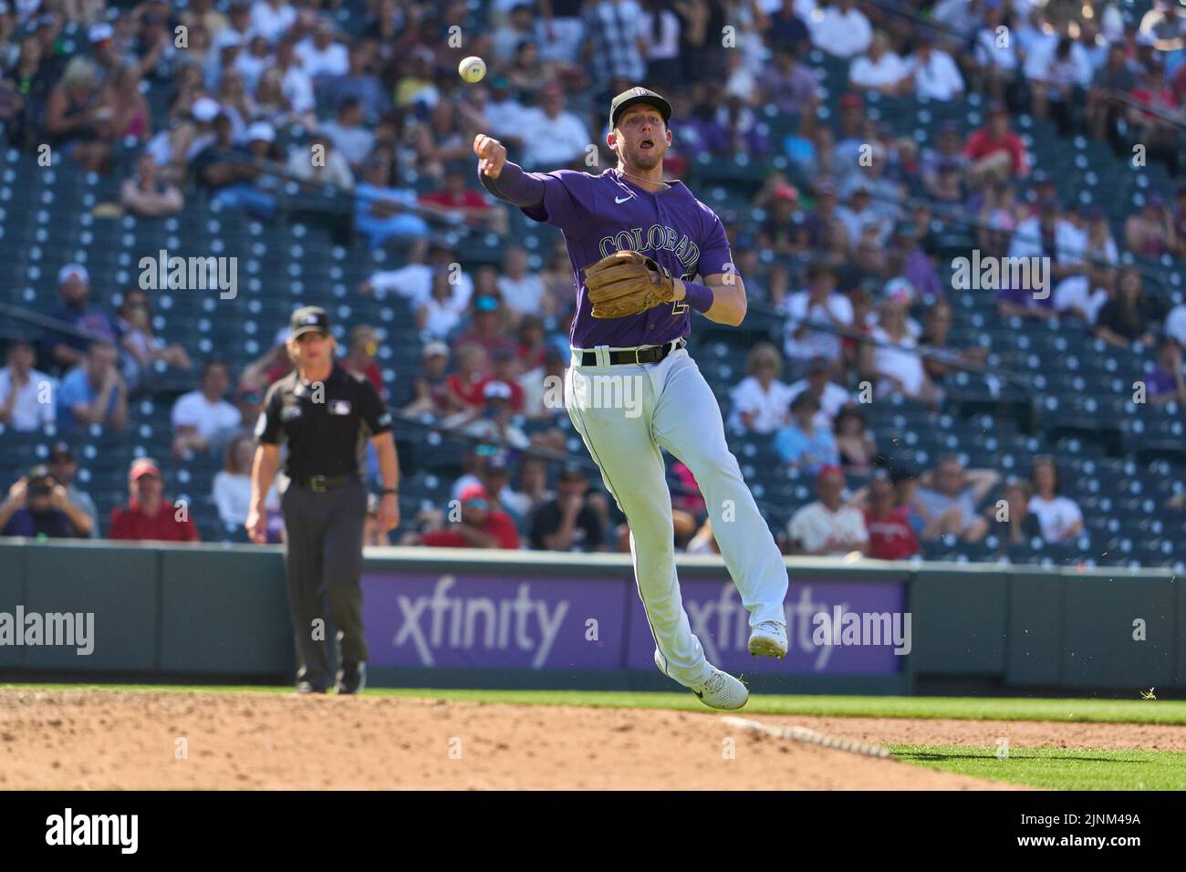 August 11 2022: Colorado third baseman Ryan McMahon (24) makes a play during the game with Saint Louis Cardinals and Colorado Rockies held at Coors Field in Denver Co. David Seelig/Cal Sport Medi Credit: Cal Sport Media/Alamy Live News Stock Photo