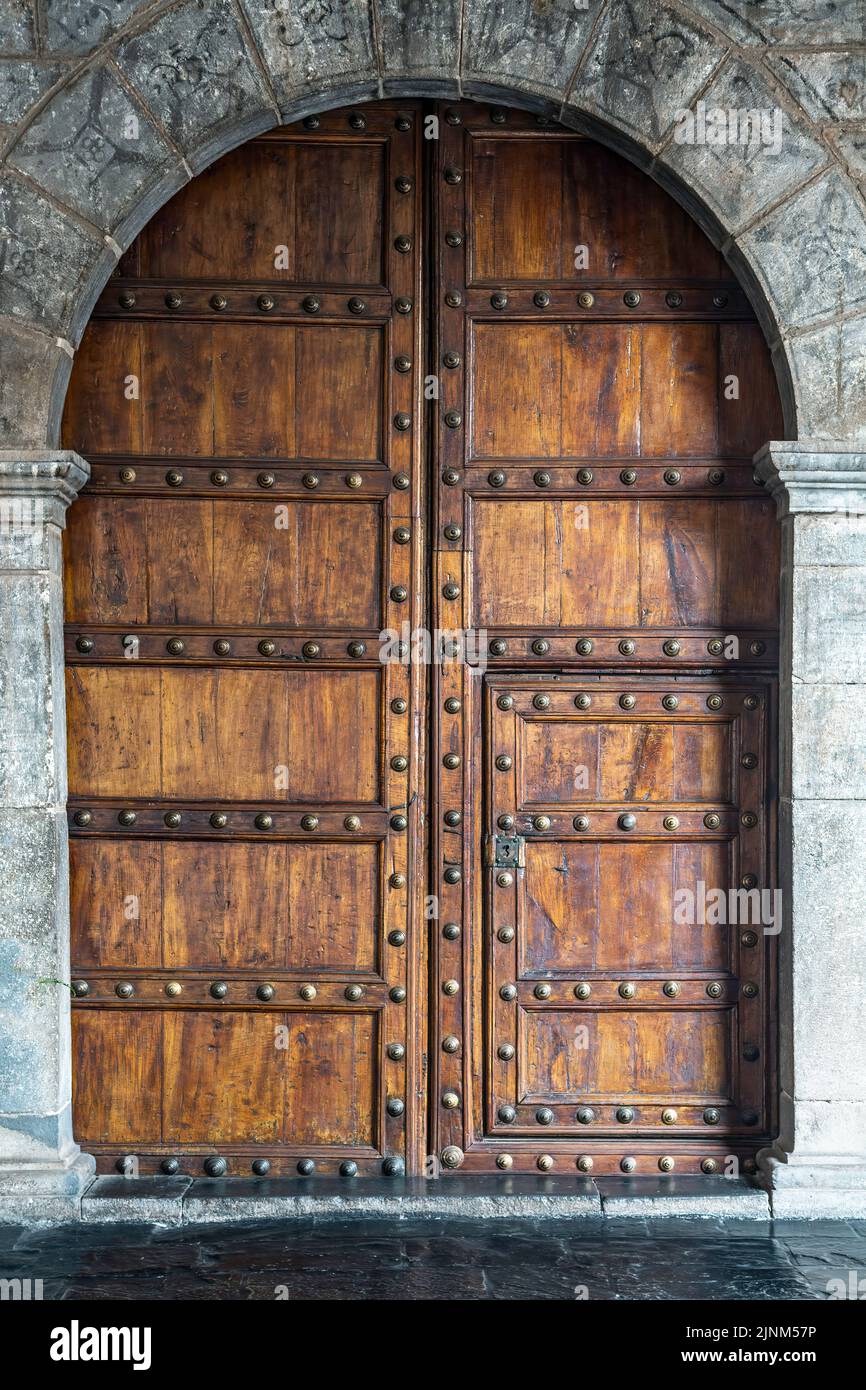 Wooden door, Coricancha, Convento de Santo Domingo del Cusco, Cusco, Peru Stock Photo