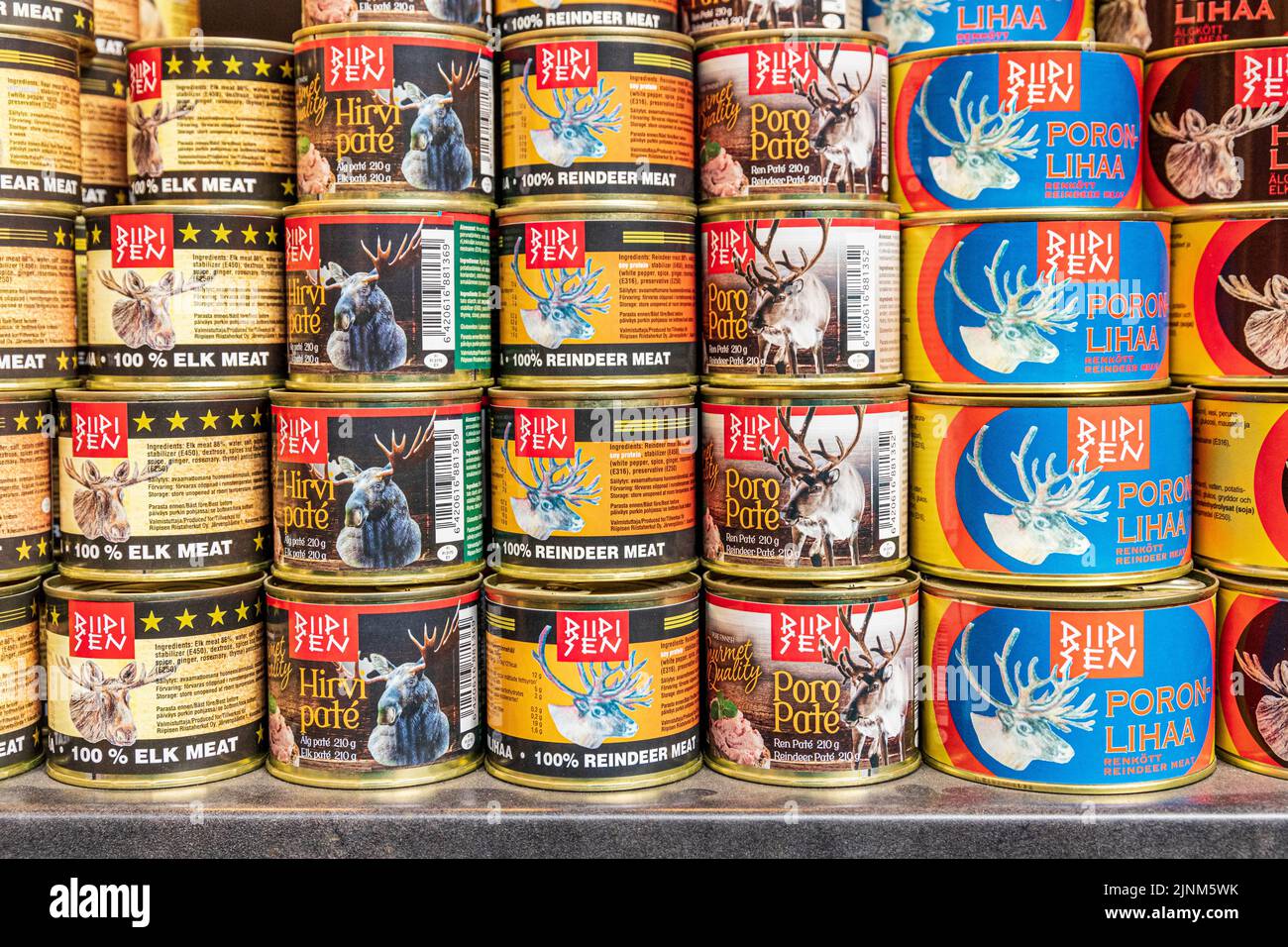Tins of bear meat, elk meat and reindeer meat on sale in the Old Market