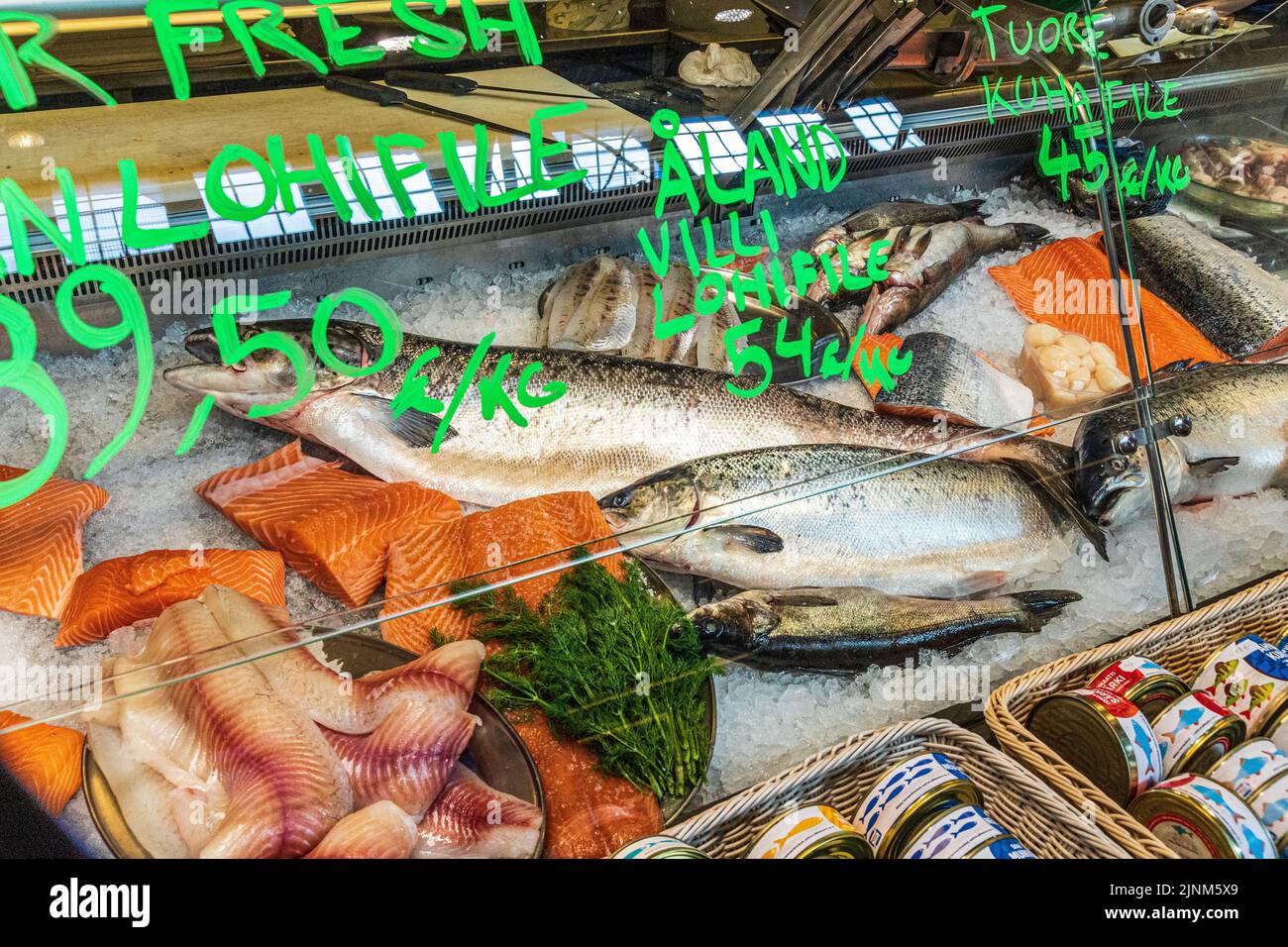 Salmon and seafood on sale in the Old Market Hall (Vanha Kauppahalli) in the Market Square in Helsinki, Finland Stock Photo